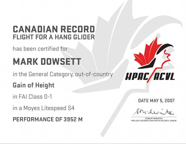 Mark Dowsett's Altitude Gain Canadian Record